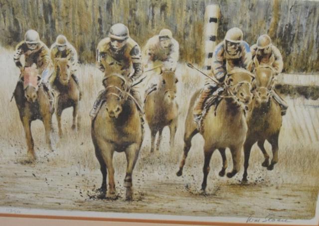 Print of Horse Racing: William Sloan (American 20th Century) Print of a horse race. Pencil signed in margin Wm Sloan and numbered 114/380. 14 3/4" Tall 20 3/4" Wide John Corwin House Lambertville NJ.