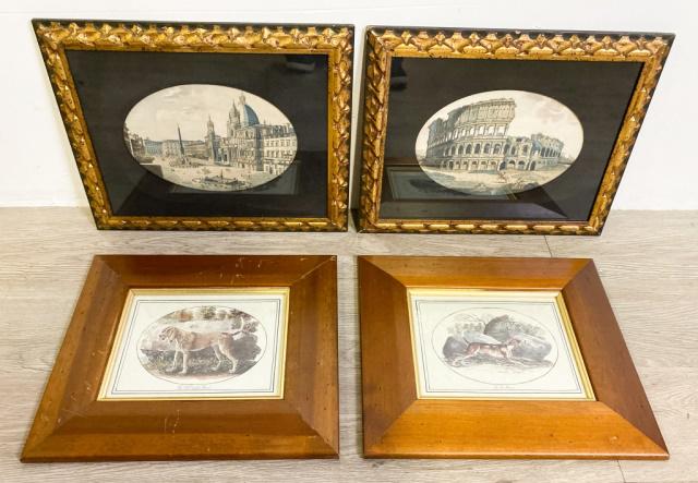 Four Framed Prints: 4 framed prints. 2 prints of Thomas Bewick woodcuts, Fox Hound & Old English Hound, both 5 1/2"H x 7 1/2"W and 2 prints Roman Ruins, both with Rudolf Lesch Fine Arts, Inc. labels, both 6 1/2"H x 9 1/2