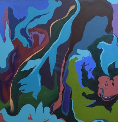 Modern Abstract Painting: Oil on canvas. Multi color swirls and lines. Back stretcher "Rose Darling" "2003" 40" Square. John Corwin House Lambertville NJ