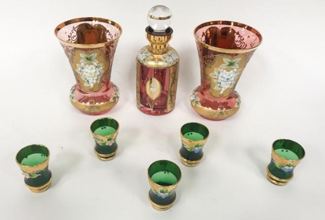 Bohemian Glass Lot: Decanter 6 1/2"H, Pair of vases 5 1/2"H, Five Shot glasses