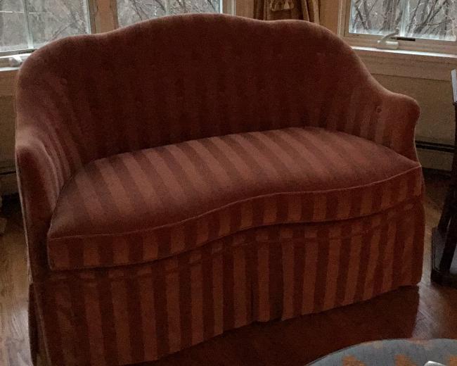 Camel Back Red Stripped Loveseat: Owners Select Company. 33”H x 49”W x 21”D