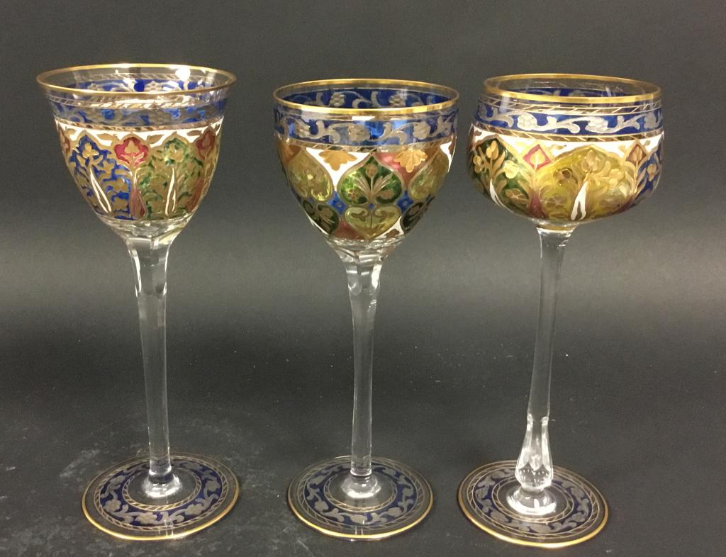 3 Austrian Transparent Enamel Wine Glasses: Tallest 8 1/2"