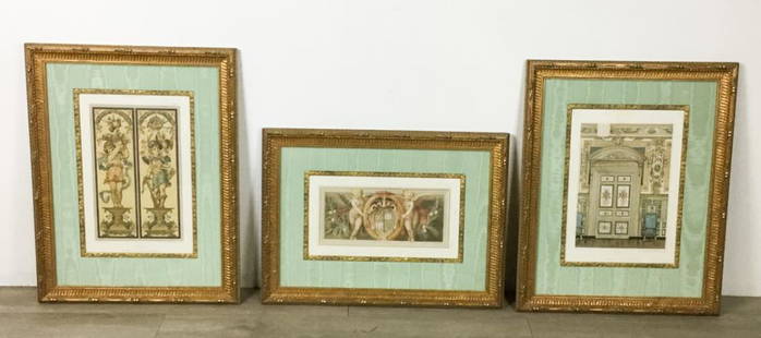 3 German Architectural Chromolithographs: Fontainebleau, M. Koch, Ernst Wasmuth, Berlin, 15 1/4"H x 11"W; Cherubs on pedestals, G. Wehling, Wilh. Greve, Berlin, 16"H x 10 1/2"W; 2 cherubs, Schider-Basel, Ernst Wasmuth, Berlin, 8"H x 15"W. All