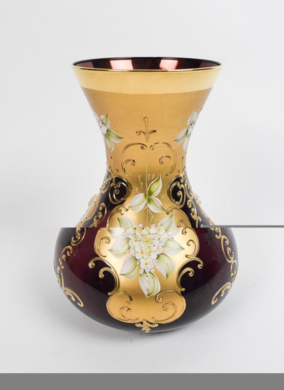 Bohemian Glass Vase: Bohemian gilt and paint decorated glass vase. Amethyst color. Signed "Sergio Zane" on bottom Height 10.75"