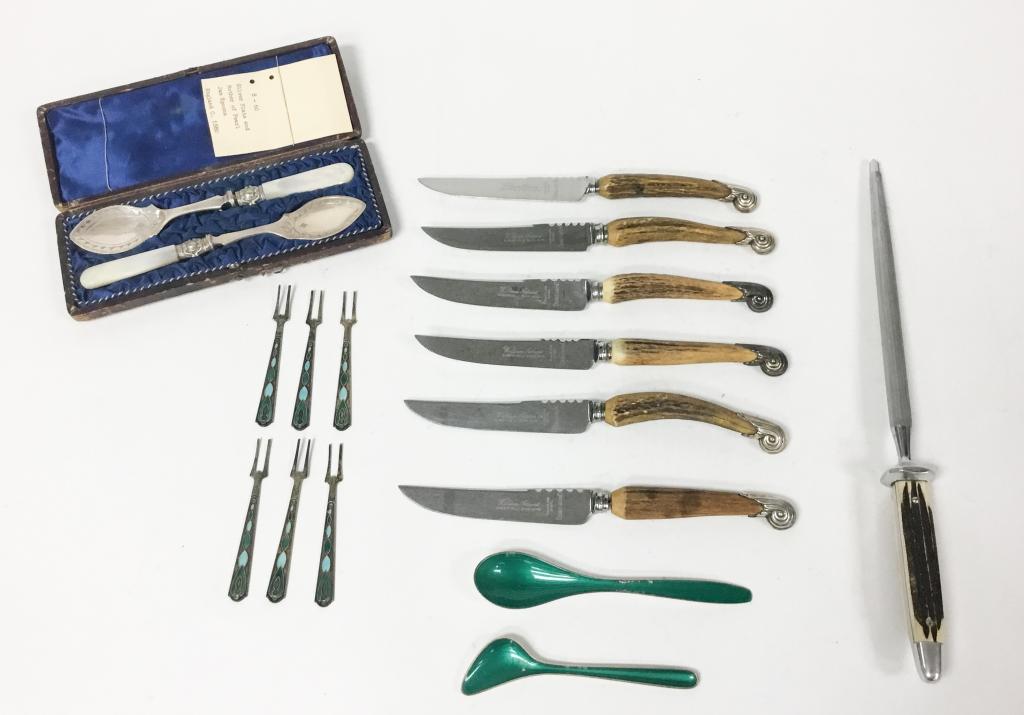 Tableware Grouping: 6 William Adams bone handled knives, bone handled sharpening steel, pair of silverplate jam spoons with mother-of-pearl handles in fitted case, 6 Russian .875 silver & enamel forks, 2 J Tostrup Norweg