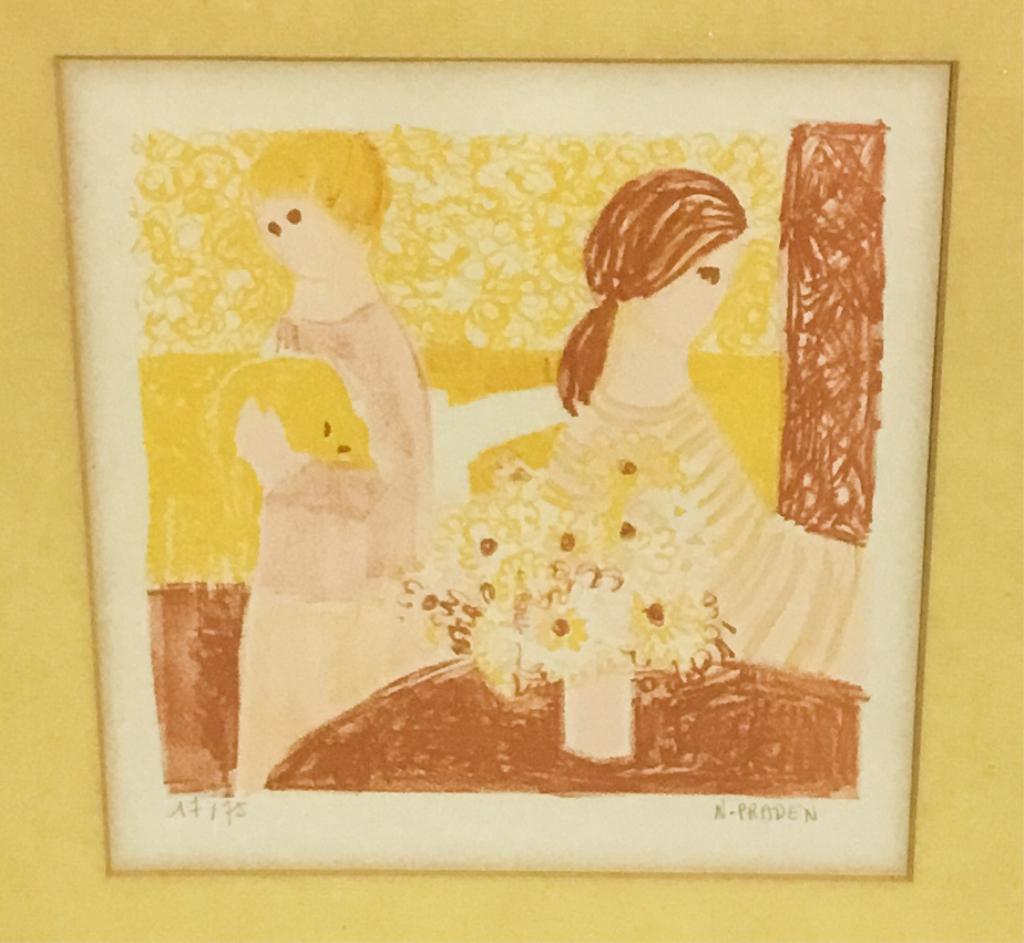 Signed N Praden Lithograph Figure With Cat (1 of 5)