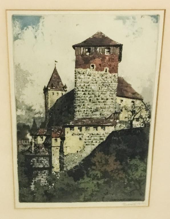 Rudolf Veit German Colored Engraving of Castle (1 of 4)