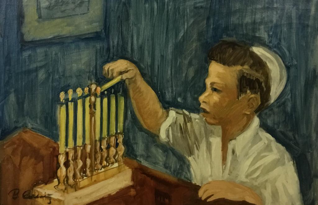 Artist Signed Oil on Canvas: Boy lighting a menorah, signed lower left. 23 1/2"H x 33 1/2"W