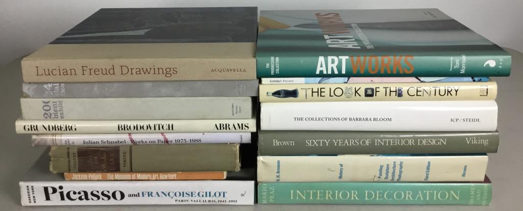 14 Art and Design Books: Including books on Picasso, Lucien Freud, Julian Schnabel. Many with wear to edges and dust jackets.
