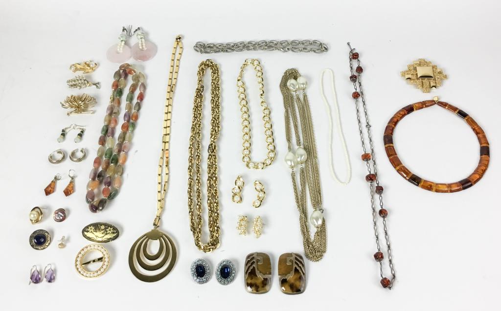 Two Tray Lots of Costume Jewelry: Gold tone necklaces including Monet, faux pearl necklace, real pearl brooch, hardstone necklace, various earrings and brooches including Berebi, MFA, Napier, Nolan Miller
