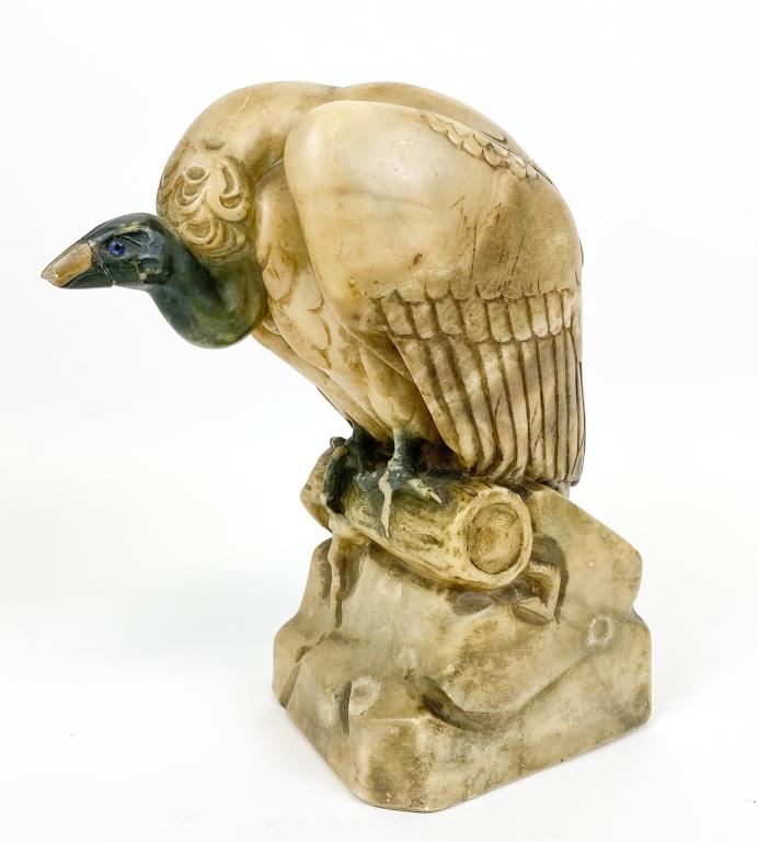 Marble Sculpture of a Vulture Signed Hamburger: Marble Sculpture of a vulture with blue eyes. Damage to beak and one toe. Carving signed PS Hamburger. 9"H