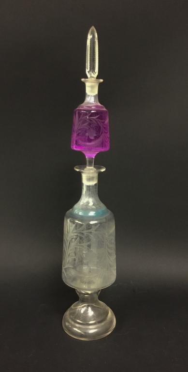 Etched Glass Double Decanter or Apothecary Bottle (1 of 7)