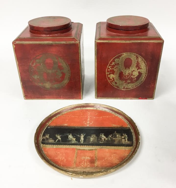 Chinese Decorative Objects: Tray, pair of Bombay Co. boxes. Boxes 10 1/2"H. Boxes drilled, chipped.
