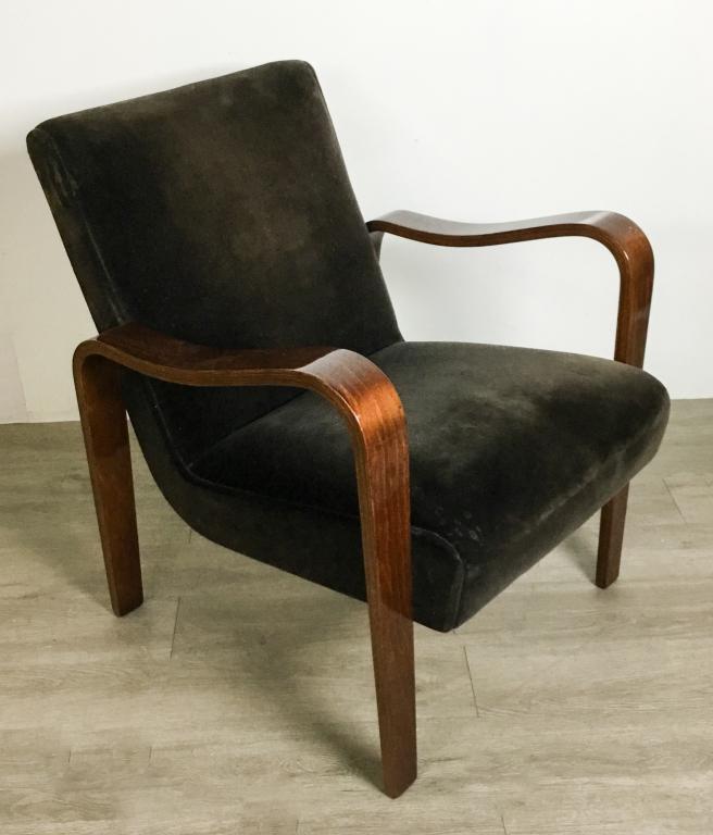 Alvar Aalto Style Mid-Century Armchair: Alvar Aalto (Findland1898-1976) Style armchair with velvet upholstery 30"H x 26 3/4"W