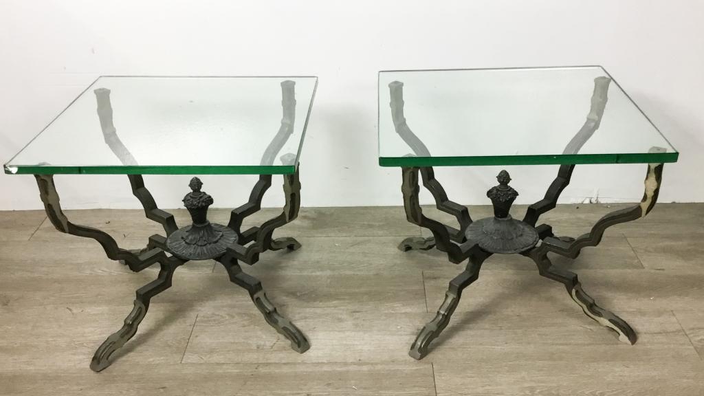 Pair of Metal Side Tables With Glass Tops: 15 3/4"H x 18"W x 18"D. Corner of glass chipped on one.