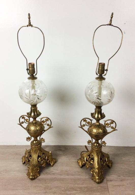Pair of Victorian Brass & Glass Lamps (1 of 5)