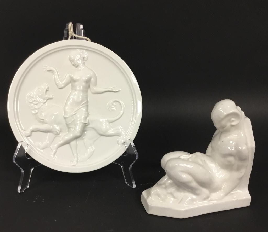 Rosenthal Relief Plaque & Art Pottery Bookend: Signed Rosenthal art deco relief plaque Semi-Nude with Lion, signed Ferdinand Liebermann, 8 1/2"-diameter; French art pottery art deco Satyr bookend signed Lejan.