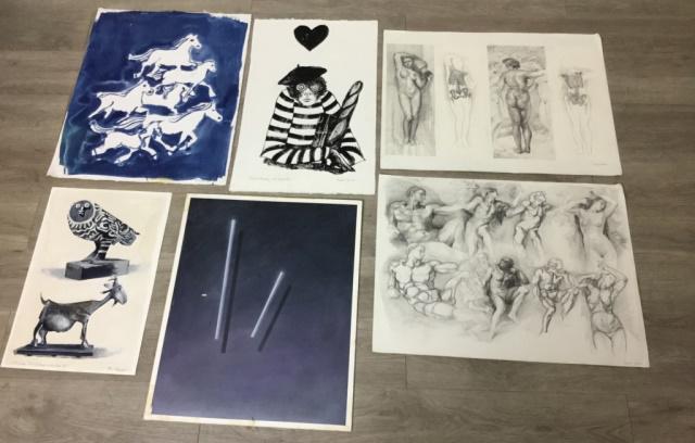 6 Stephen & Anna Heigh Artworks: 2 signed Stephen Heigh paintings - Two Sticks, dated on verso 2007, 20 1/2" x 16 1/2" and Picasso Sculpture Studies #1, 18" x 12". 2 signed Anna Heigh figure drawings, each 24" x 18" & signed Anna Hei