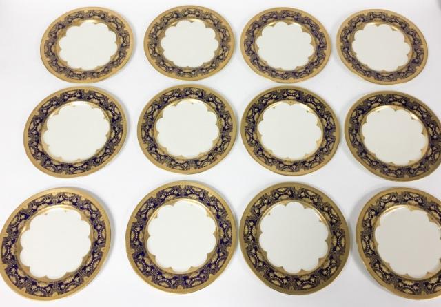 Set of 12 Lenox Green Mark Enamel Service Plates: Lenox Ceramic Art Company Trenton NJ. The green mark was used 1906-1930. 10 1/2"-diameter