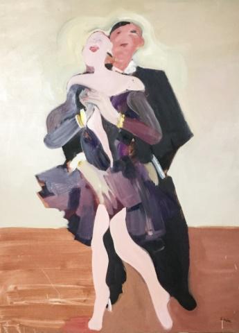 Signed Gerson Leiber Oil on Canvas: Titled on verso Man Embracing Model. 60" x 48". Scratches.