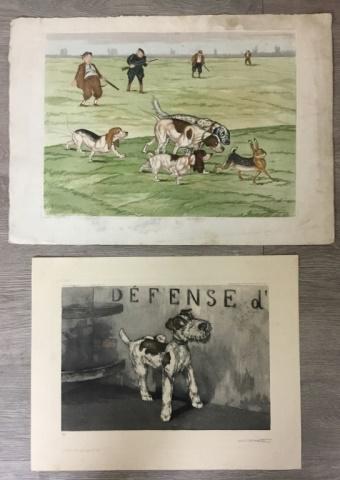 2 Signed Boris O'Klein Etchings of Dogs: Both signed and titled in pencil. Sex Appeal!, 12" x 16", copyright Ch. Ducher & Co., Paris, some staining around edges; Necessite N'a Pas de Loi, 9" x 13", numbered 72, copyright 1930 Ste Ame L'Estam