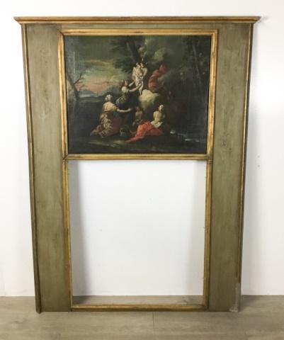 Louis XVI Trumeau Mirror: Old Master style oil painting of mythical scene. Mercury taking Bacchus to be raised up by the Nymphs. 22" x 27 1/2", frame 59 1/2" x 54 1/4" Lacking mirror.