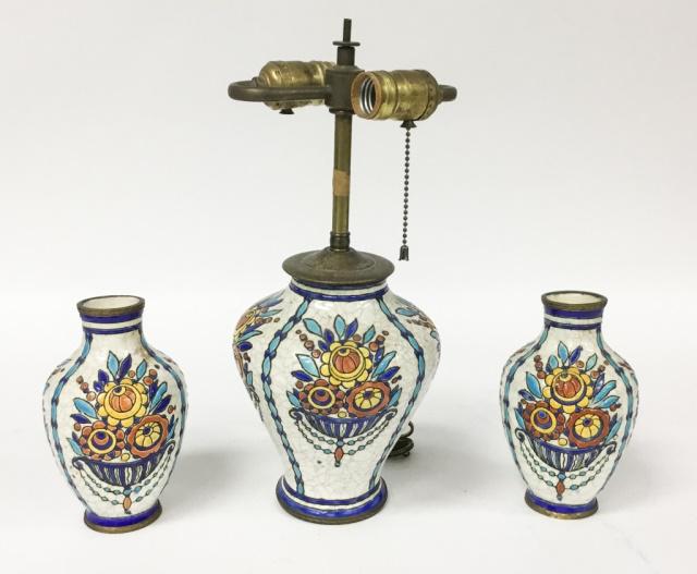 Boch Freres Belgium Pottery Lamp & 2 Vases: No finial on lamp, 15"H with fittings.