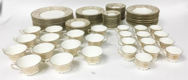 99 Piece Royal Worcester Embassy Dinner Service: 12 dinner plates, 12 salad plates, 11 bread & butter plates, 13 cups & saucers, 13 demitasse cups & saucers, 12 bowls. Dinner plates 10 1/2"-diameter.
