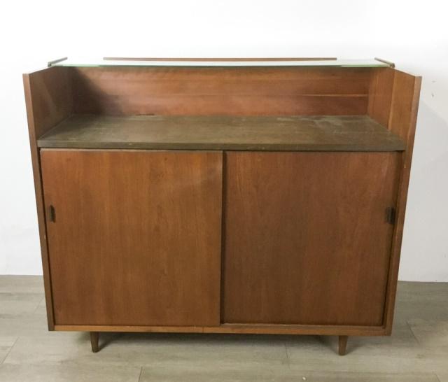 Mid-Century Bar Cabinet: 42"L x 17 1/2"D x 36"H. With copper top and glass shelf.