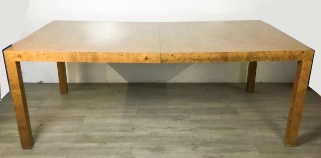 Milo Baughman Directional Burled Dining Table: 78"L x 42"W x 29 1/4"H. Scratch on top.