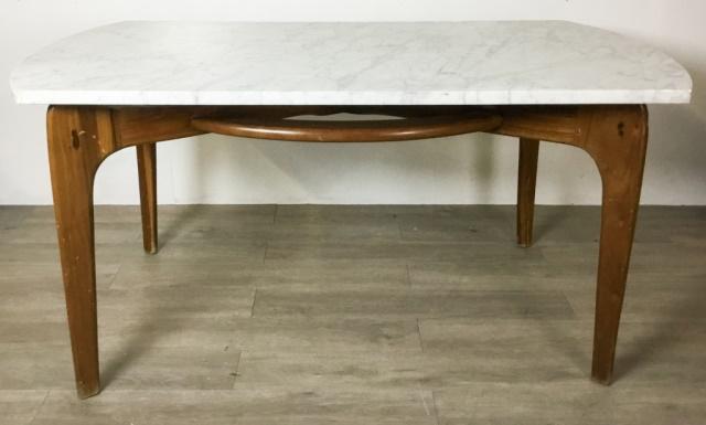 Mid Century Marble Top Dining Table: Danish Modern Style 60"L x 32"W x 30 1/4"H. Chips to edge of marble.