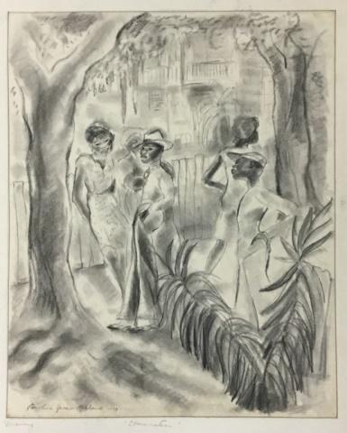 Signed Caroline Speare Rohland Pencil Drawing: Caroline Speare Rohland (Massachusetts 1885-1964) Conversation, pencil signed, titled & dated 1953. Her works are in the permanent collection of the Whitney Museum and the Library of Congress. 12 3/4"