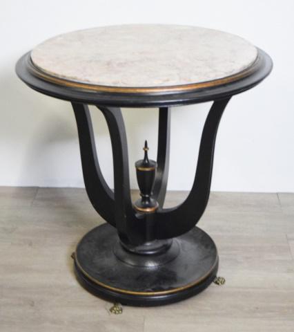 Classical Entry Table with Marble Top: Round white marble top inset into ebony table with finial below . 28" Tall 27" Diameter