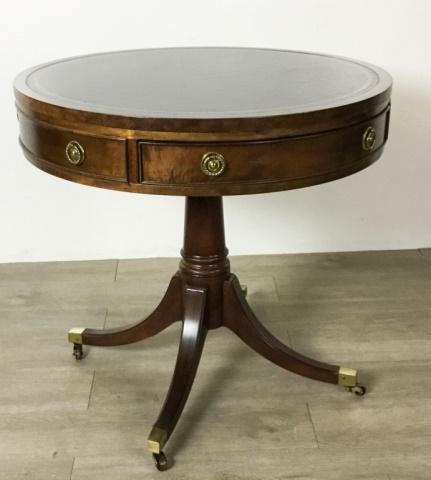 Henredon Leather Top Drum Table: 27 3/4"H x 27"-diameter
