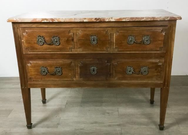 Italian Neoclassical Commode: Two drawers with marble top. Retailed by Bloomingdales. 41 1/4"L x 19"D x 32 1/2"H