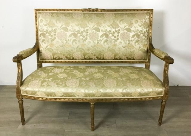 French Louis XVI Gilt Wood Settee: Carved and gilded beech wood sette . Covered in brocade silk. 40"H x 26"W 54"L x 21 1/2"D x 40"H