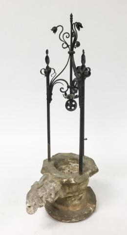 Diminutive Gothic Well: Stone well with carved gargoyle spout. Gothic Style black wrought iron pulley and derrick 23 1/2"H.