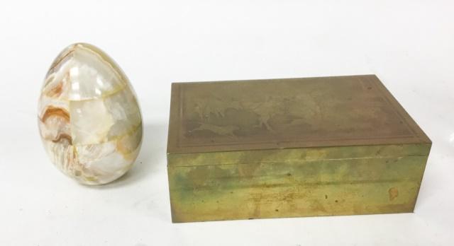 Onyx Egg, Brass Box: Egg 6"H. Brass box with wood liner and hunt scene top, 3 1/4"H x 9"W x 6"D