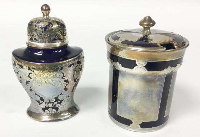 Lenox Silver Overlay Tea Caddy & Condiment Jar: Condiment jar silver overlay marked The Bailey, Banks & Biddle Co., 5 1/4"H; tea caddy marked sterling and stamped Reed & Barton on bottom, 5 3/4"H. Tea caddy chipped on rim under lid, condiment jar r