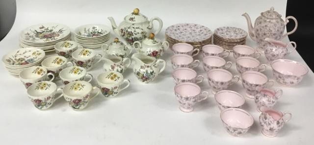 69 Pieces English Porcelain Dinnerware: 33 pieces Copeland Spode Gainsborough, including 7 salad plates, 8 cups, 7 saucers, 6 bowls, 2 sugars & 2 creamers, teapot, 1 cup with repaired handle, 1 saucer chipped, 1 saucer with line; 36 pieces 