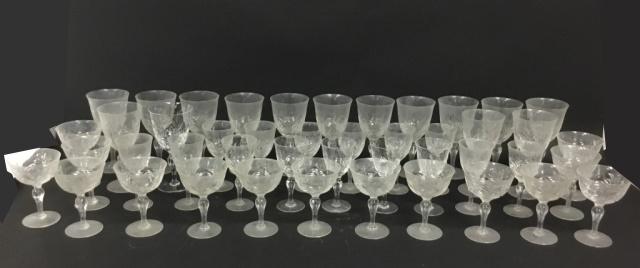 45 Pieces Stuart Aragon Pattern Crystal Stemware: 15 large wines, 15 small wines, 15 champagnes. Some chips. Tallest 6 7/8"