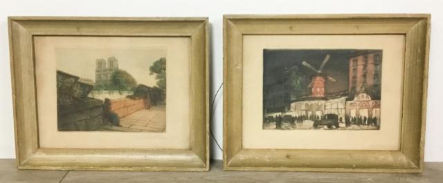 2 French Street Scene Etchings: Notre Dame, signed Victor Valery, 6 1/2"H x 8 1/4"W; Le Moulin Rouge, artist signed lower right, 6"H x 8 1/2"W