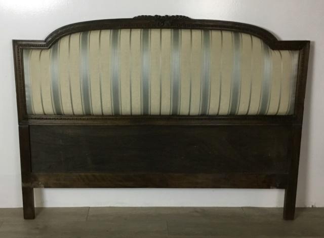 Upholstered Headboard: Walnut with blue stripped Scalamandre silk uphostery. 60 1/2"L x 45"H