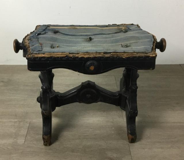 Aesthetic Movement Piano Stool: In the style of Herder Bros., adjustable, 17 1/2"H at lowest height x 25"L x 13"W. Seat worn.