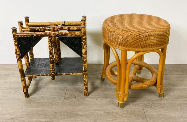 Wicker Footstool, Faux Bamboo Magazine Rack: Footstool 18 1/4"H x 14 1/4"-diameter; magazine rack 18"H x 15 1/4"W x 9 1/2"D