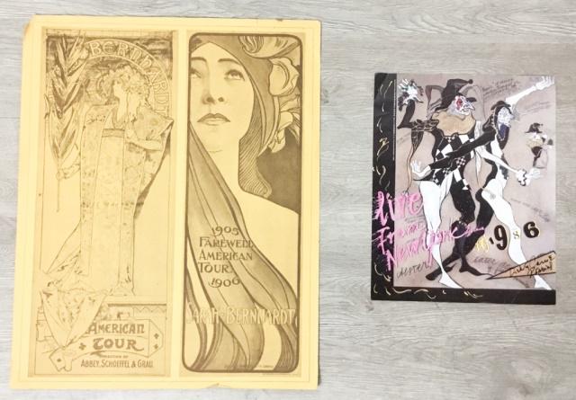 Sarah Bernhardt Poster, Carrie Robbins Autograph: Sarah Bernhardt double tour poster print, 1896 American Tour & 1905-1906 Farewell Tour, both images originally by Alphonse Mucha, 22 1/4" x 18", tears along edges; Live From New York It's 1986 poster,