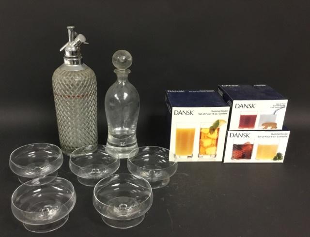 Glass Grouping: Decanter, 11 1/2"H; Sparklets NY seltzer bottle, 13 3/4"H; 5 Riedel low sherbets, 2 1/4"H; 4 each Dansk Summerhouse coolers, lowballs & juice glasses.