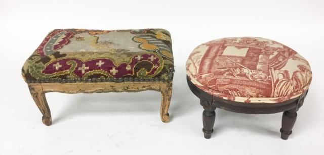 French and English Footstools: Needlepoint, 7 1/4"H x 13"W x 9"D; round, 7"H x 11 1/4"-diameter