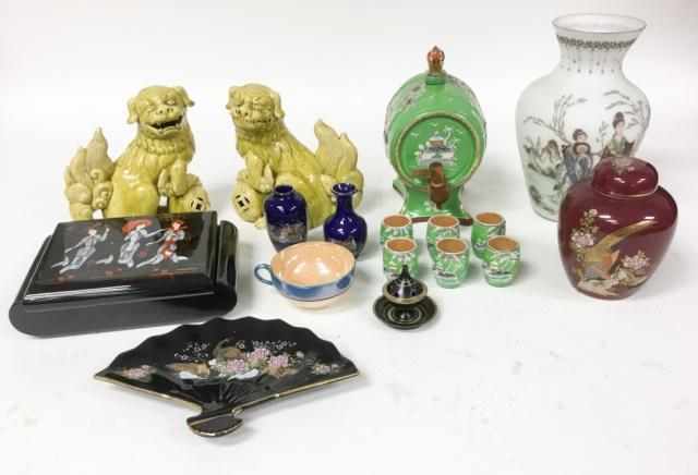 Grouping of Chinese & Japanese Decorative Items: Fan-shaped porcelain dish, porcelain ginger jar, pair of pottery foo dogs - one foot repaired, inlaid box, 2 porcelain cabinet vases, porcelain tea cup, metal incense burner, glass vase, hand painted 