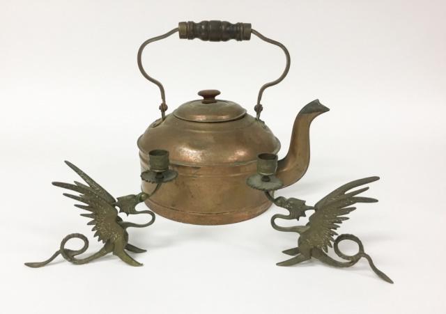 2 Brass Dragon Candlesticks & Copper Tea Kettle (1 of 12)